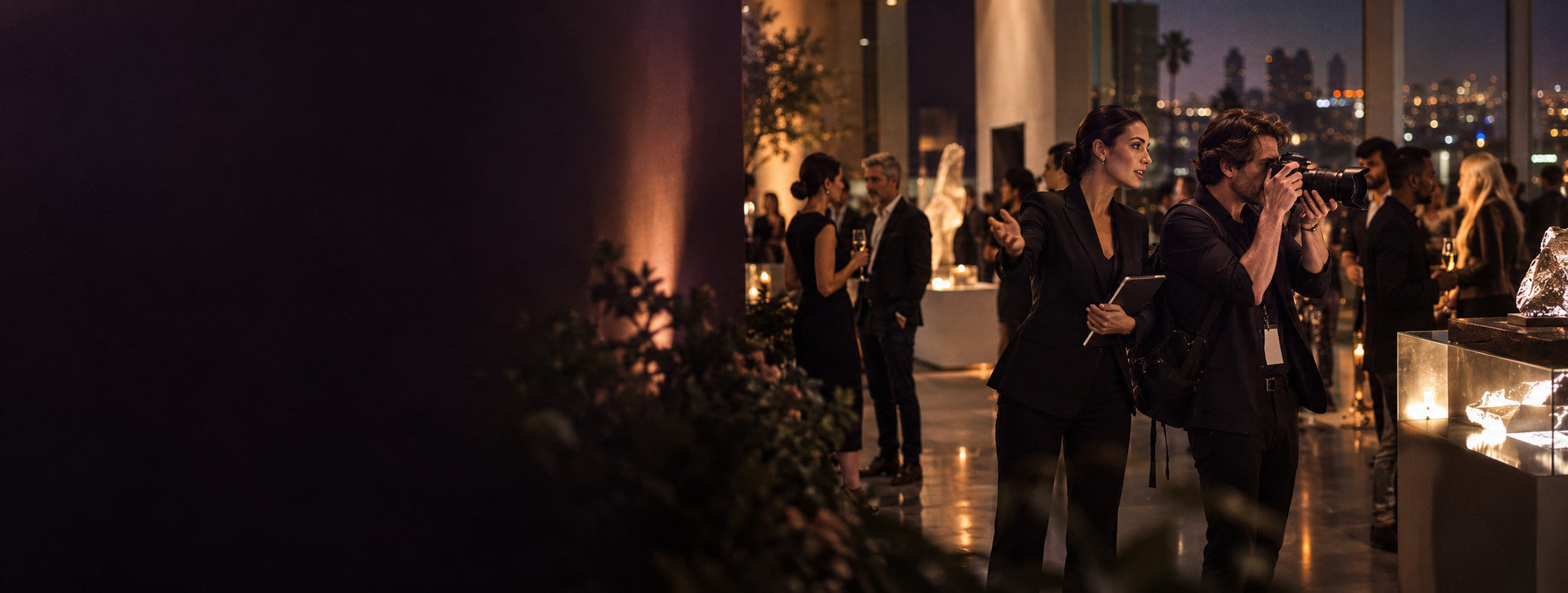 A publicist and photographer working with guests at an evening launch
