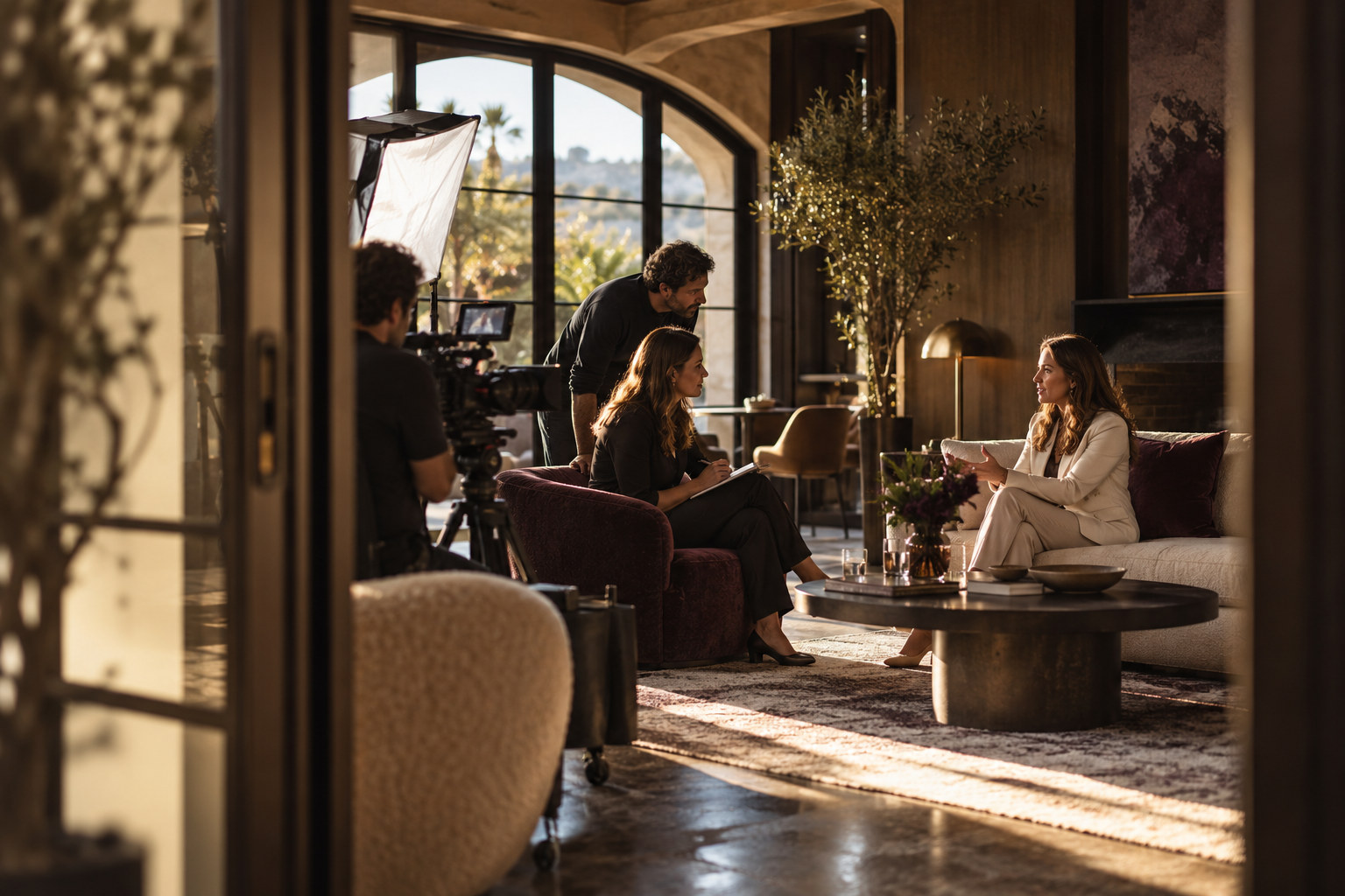 A journalist interviewing a founder while a production team works nearby