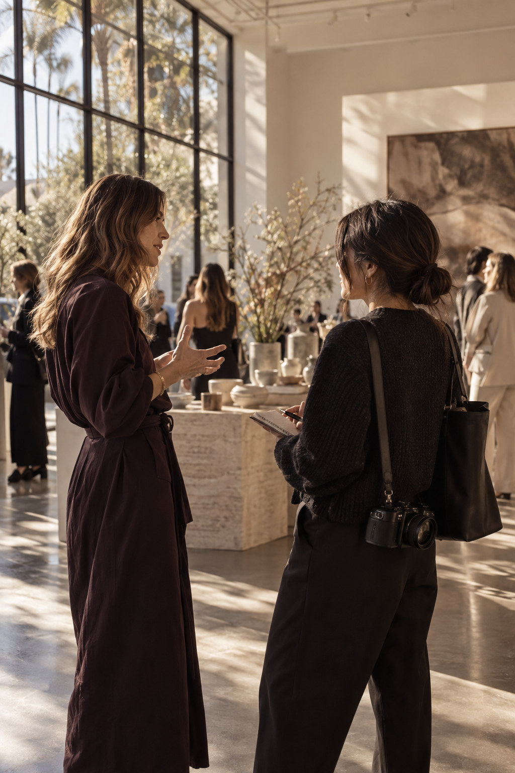 A brand representative speaking with a journalist at a sunlit event