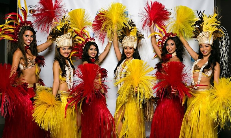 Performers in colorful feathered costumes at an event