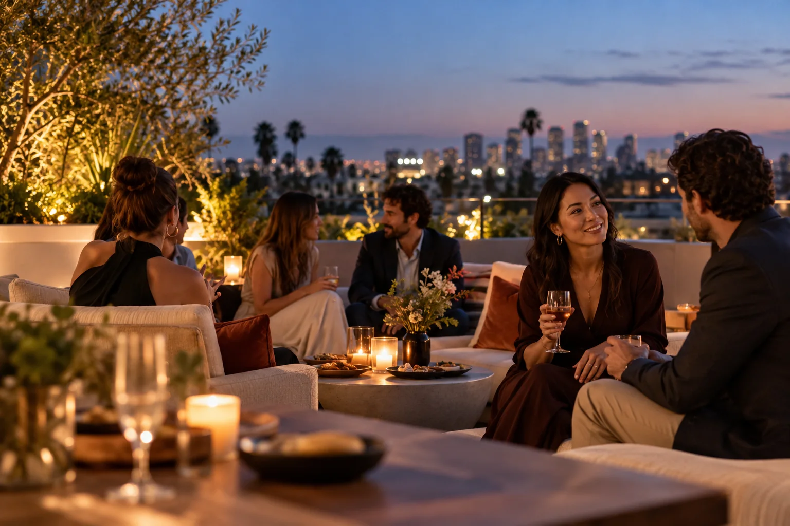 Guests sharing a relaxed conversation on a California terrace at dusk