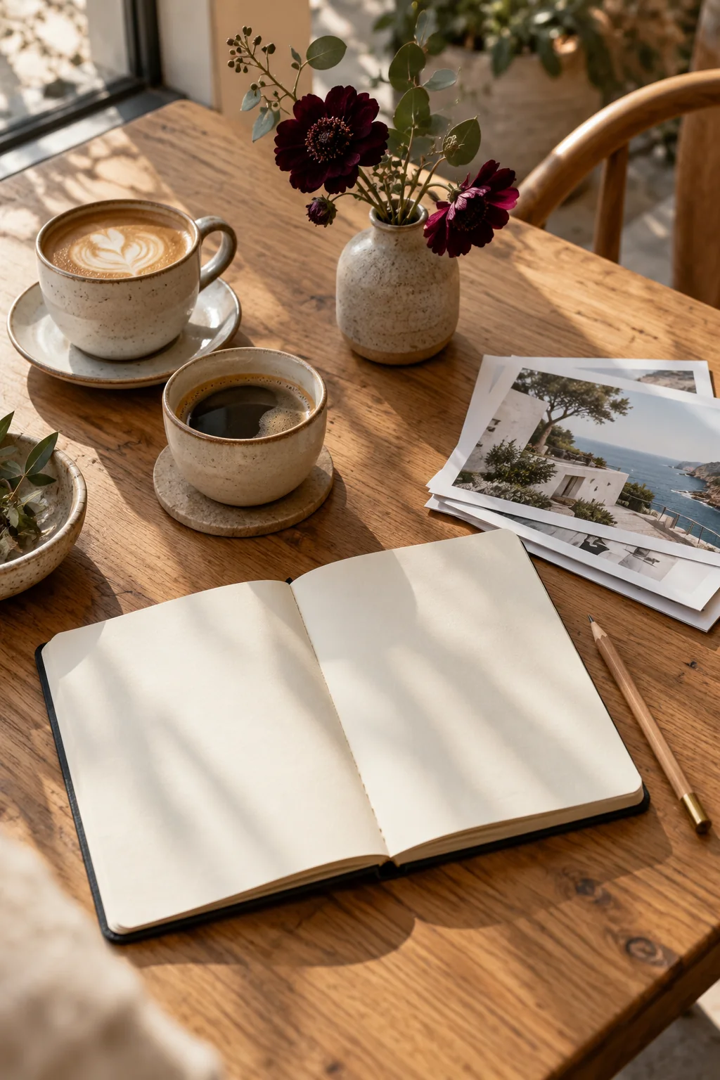 Coffee, a blank notebook and creative references ready for a conversation