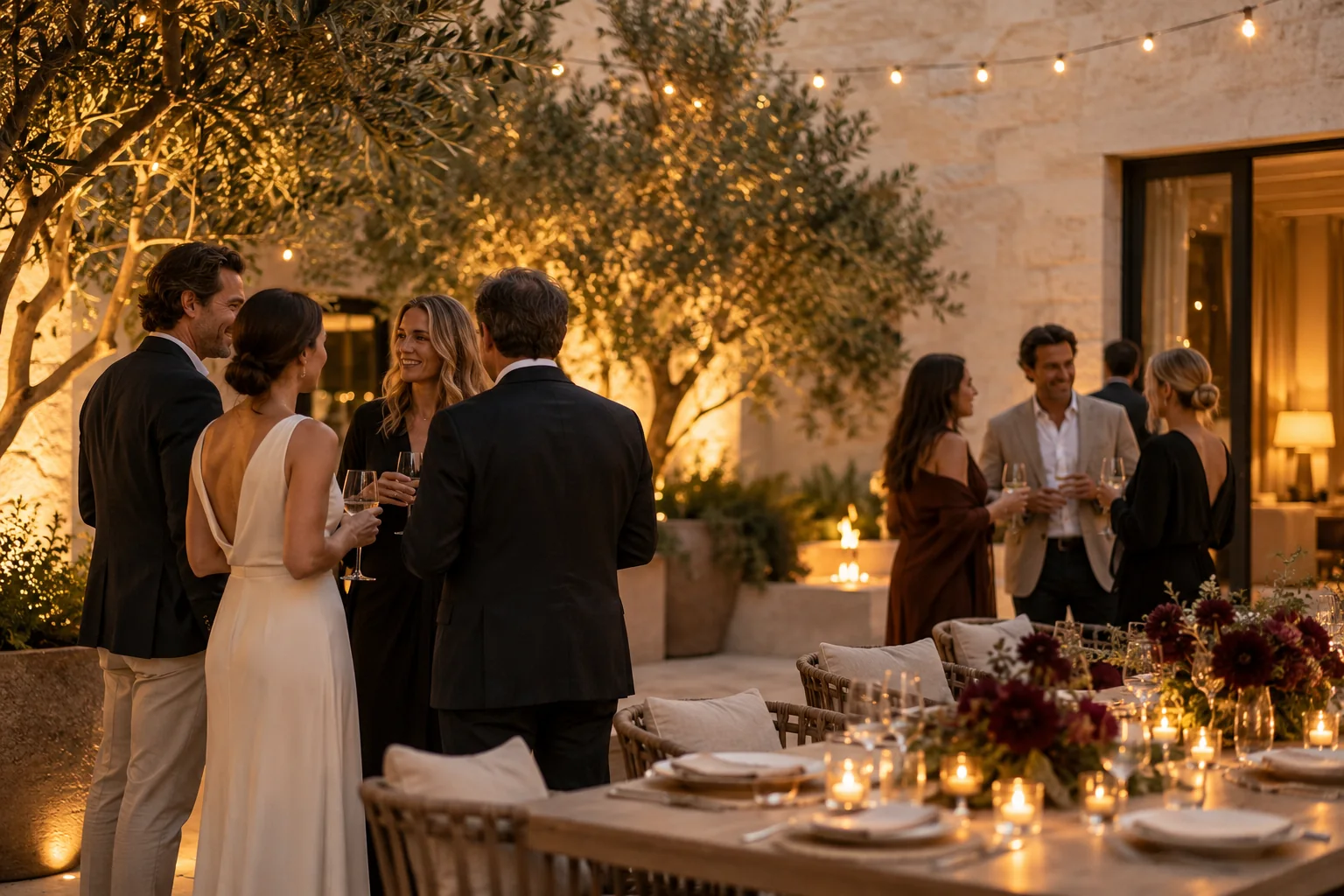 Guests sharing conversation at an intimate evening gathering