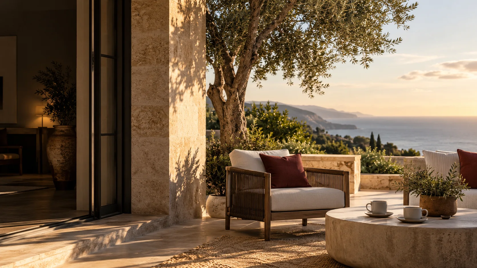 An inviting California terrace with coffee and a coastal view