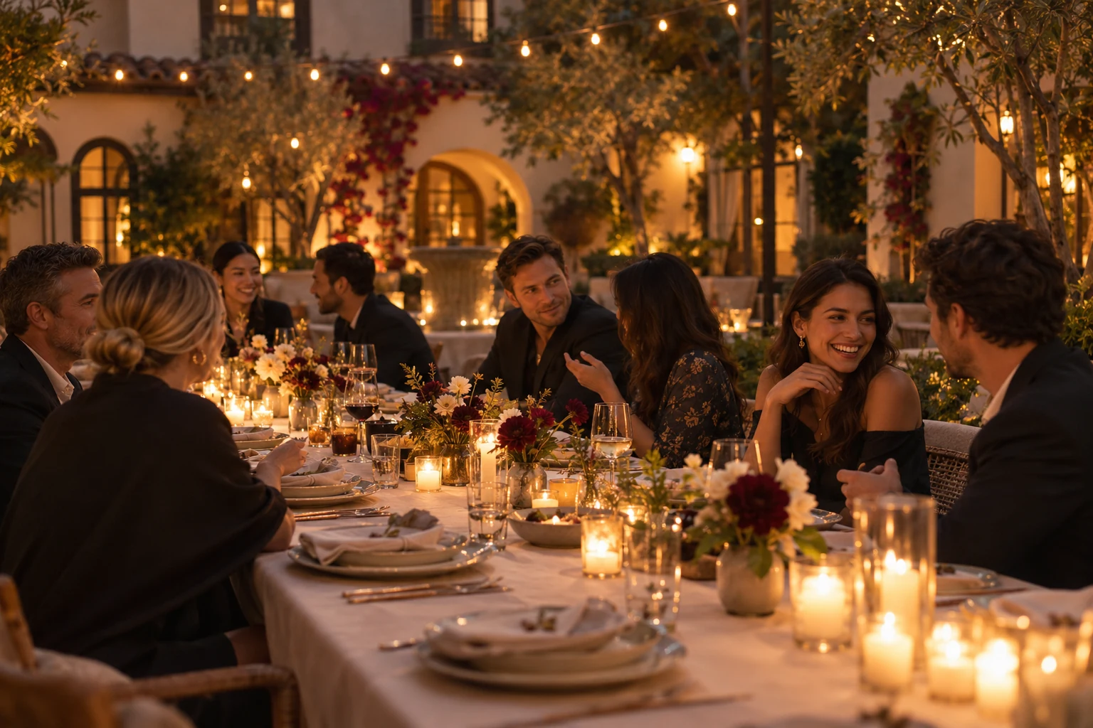Guests gathered around a beautifully set table at an evening event