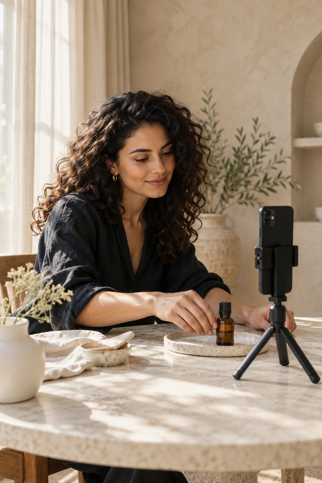 A lifestyle creator filming a product story in a softly lit studio