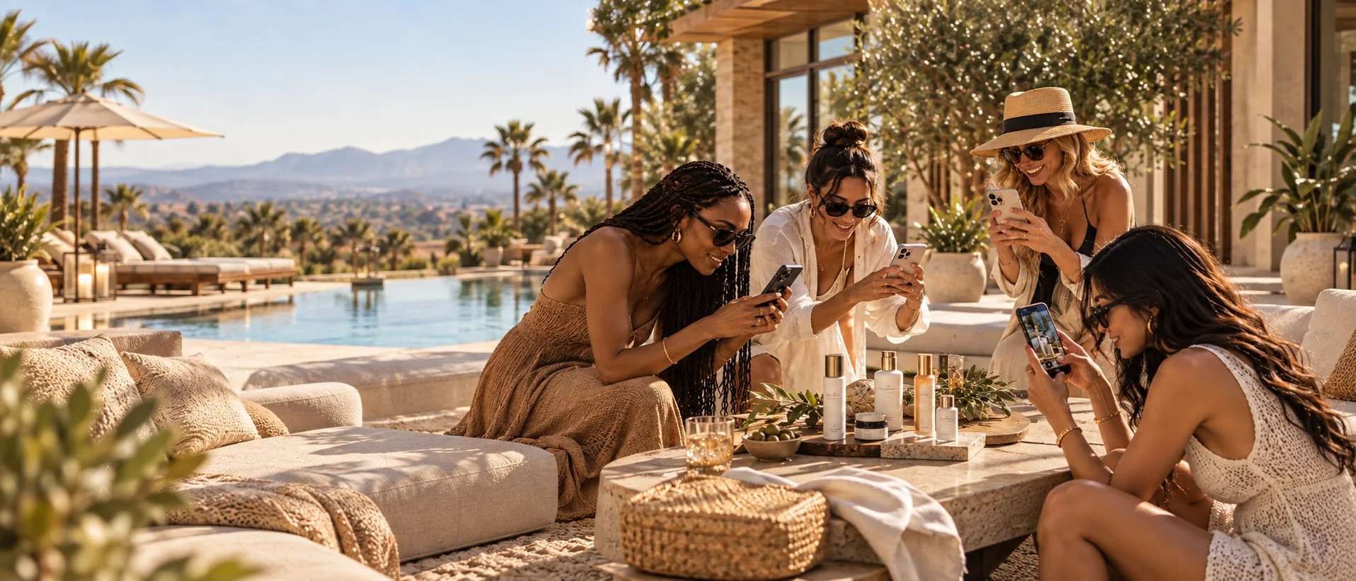 A lifestyle creator and creative producer collaborating on a coastal hotel terrace